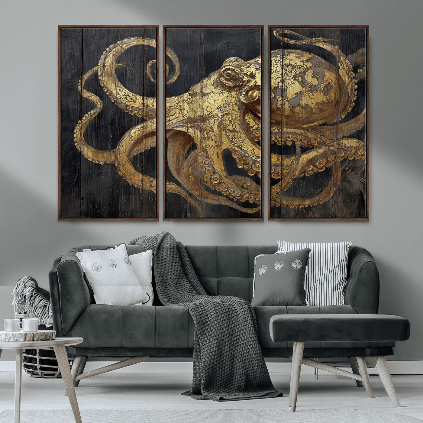 A detailed gold illustration of an octopus on black wooden planks, showing its intricate tentacles and textured skin in an artistic style.