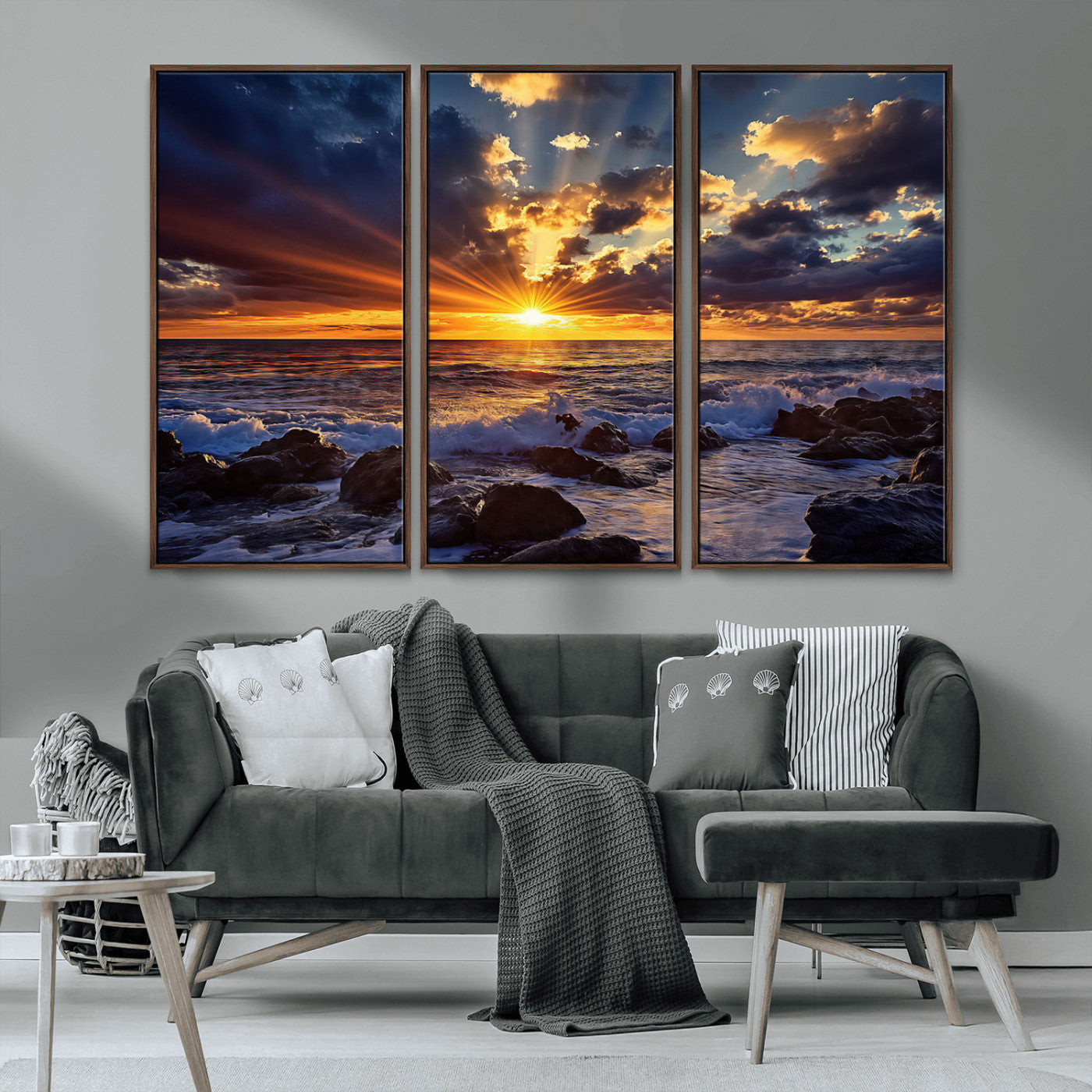 An explosive sunset over the ocean with dramatic clouds and rays of sunlight reflecting off the water, creating a vibrant and captivating view.