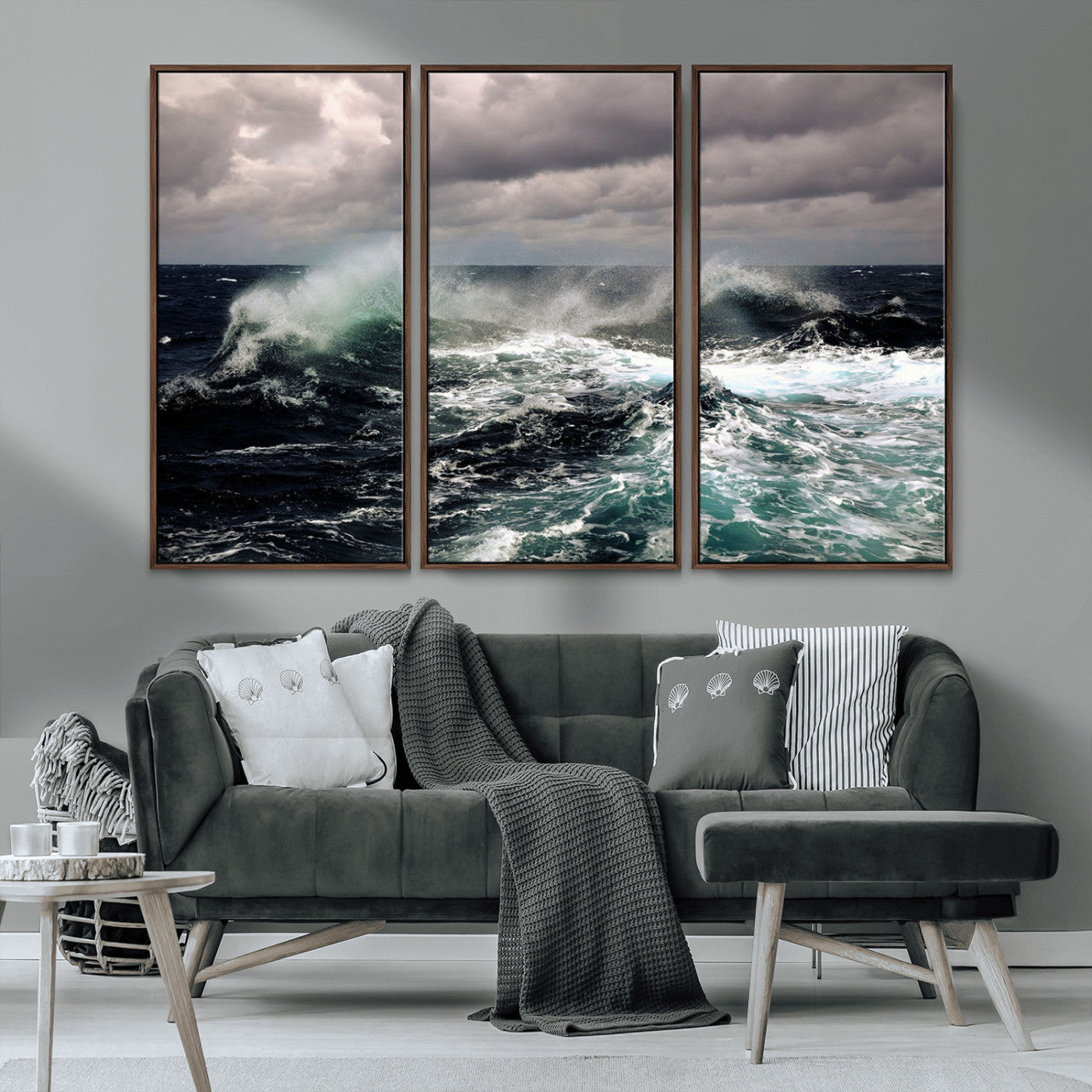 Powerful ocean waves crashing under stormy skies, creating a dynamic and intense seascape.