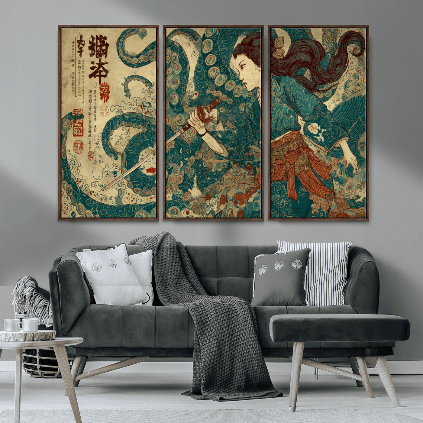 Tsukioka Yoshitoshi Samurai Wall Art Print, Japanese Katana Warrior Canvas Wall Art, Octopus Sea Monster Canvas Print,