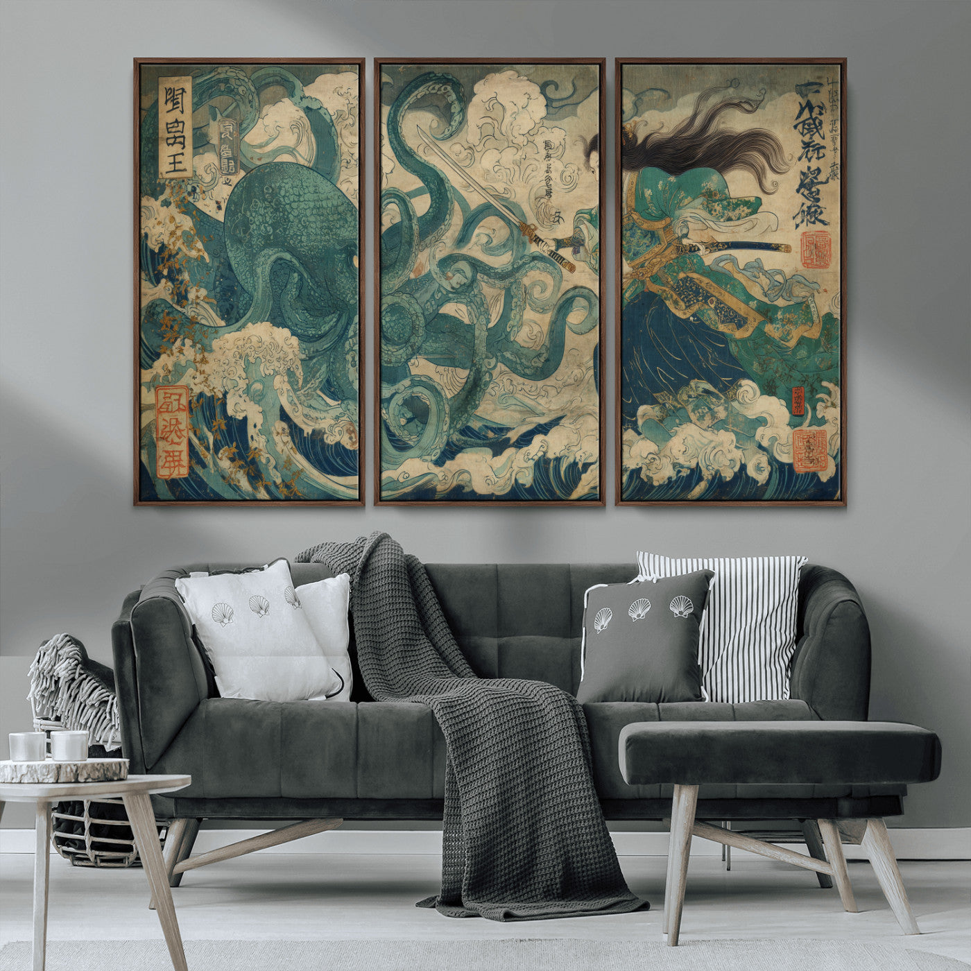 Tsukioka Yoshitoshi Samurai Wall Art Print, Japanese Katana Warrior Canvas Wall Art, Octopus Sea Monster Canvas Print,