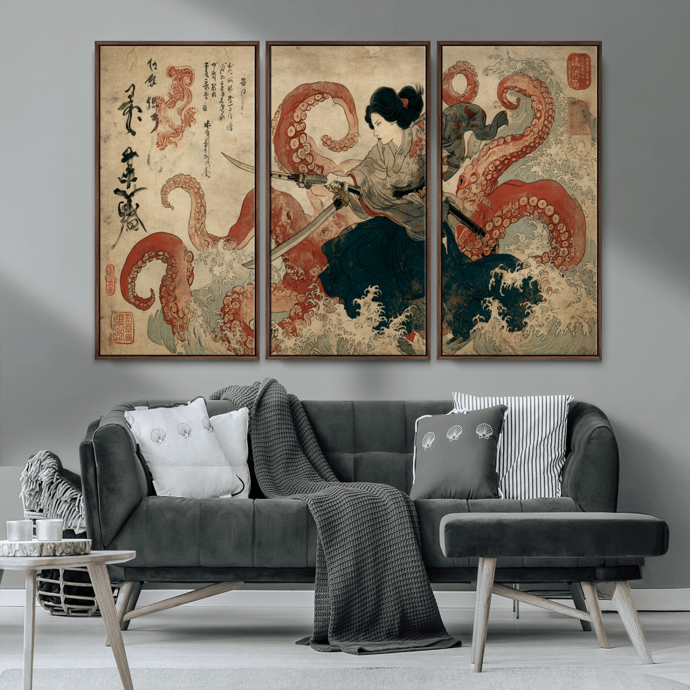 Tsukioka Yoshitoshi Samurai Wall Art Print, Japanese Katana Warrior Canvas Wall Art, Octopus Sea Monster Canvas Print,
