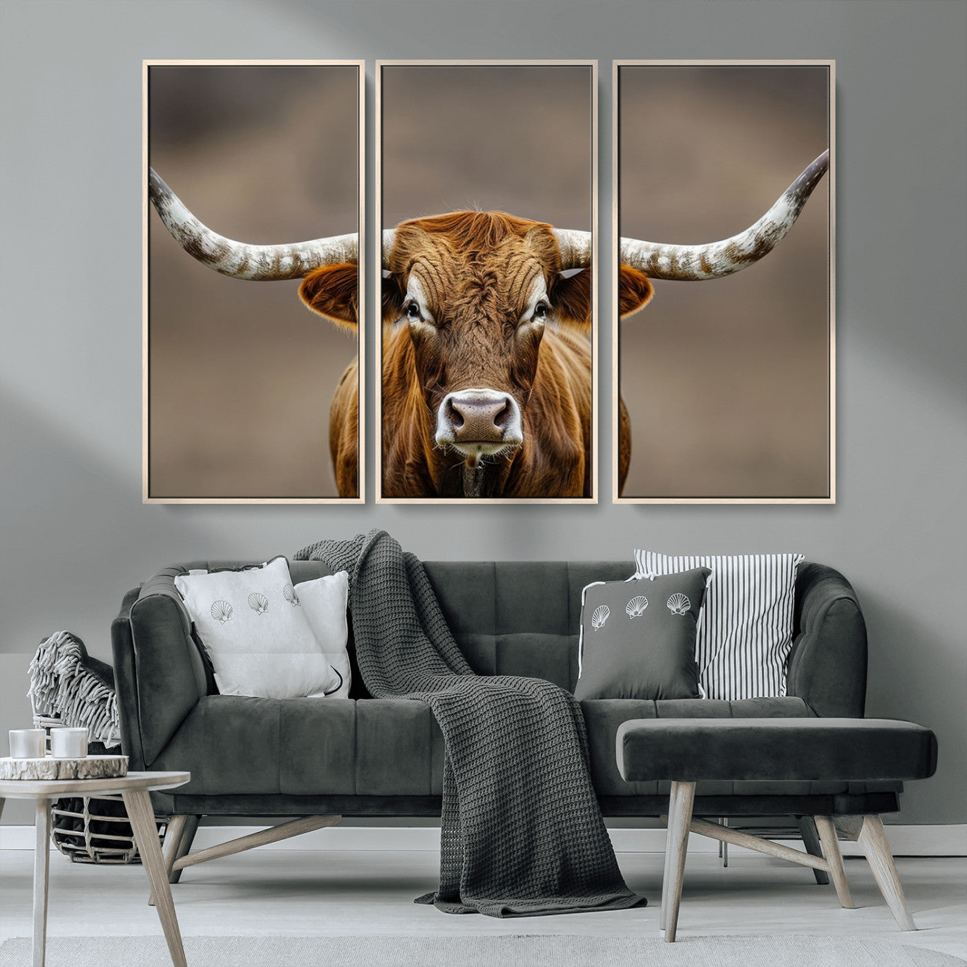 Close-up of a Texas Longhorn with strong curved horns and warm brown tones, perfect for rustic or western-style wall decor.