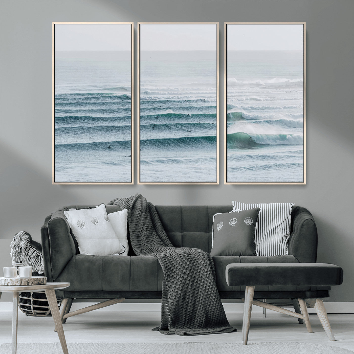 High-angle view of surfers lining up across layered ocean waves, ideal for minimal coastal or surf-inspired room decor.