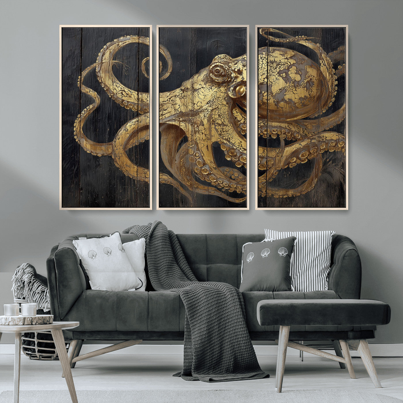 A detailed gold illustration of an octopus on black wooden planks, showing its intricate tentacles and textured skin in an artistic style.