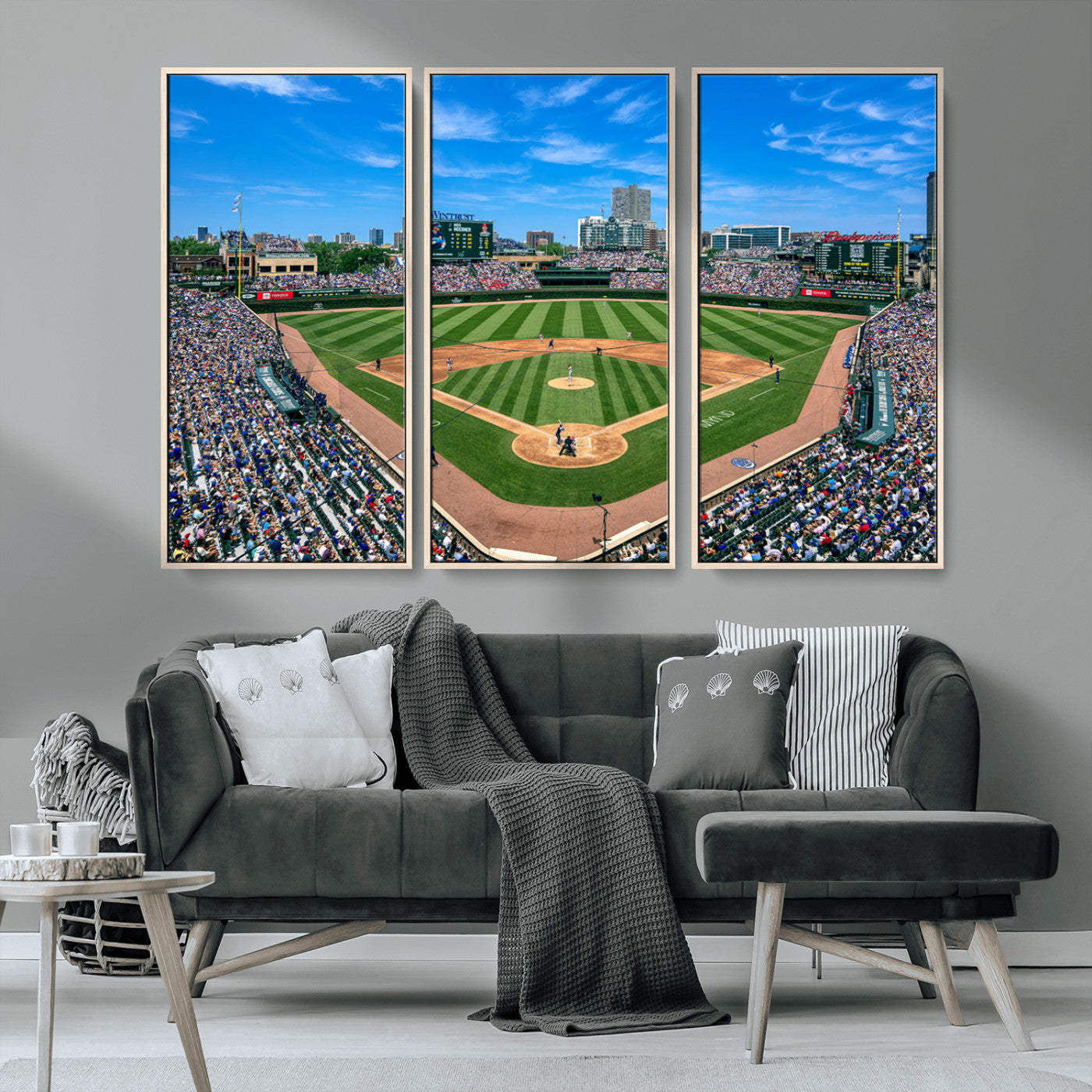 Wrigley Field Baseball Stadium Canvas Wall Art, Packed Crowd Sports Stadium Print, City Skyline Baseball Field Canvas for Game Room Decor