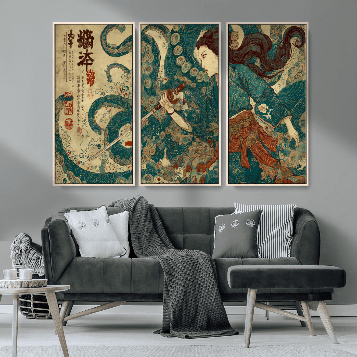 Tsukioka Yoshitoshi Samurai Wall Art Print, Japanese Katana Warrior Canvas Wall Art, Octopus Sea Monster Canvas Print,