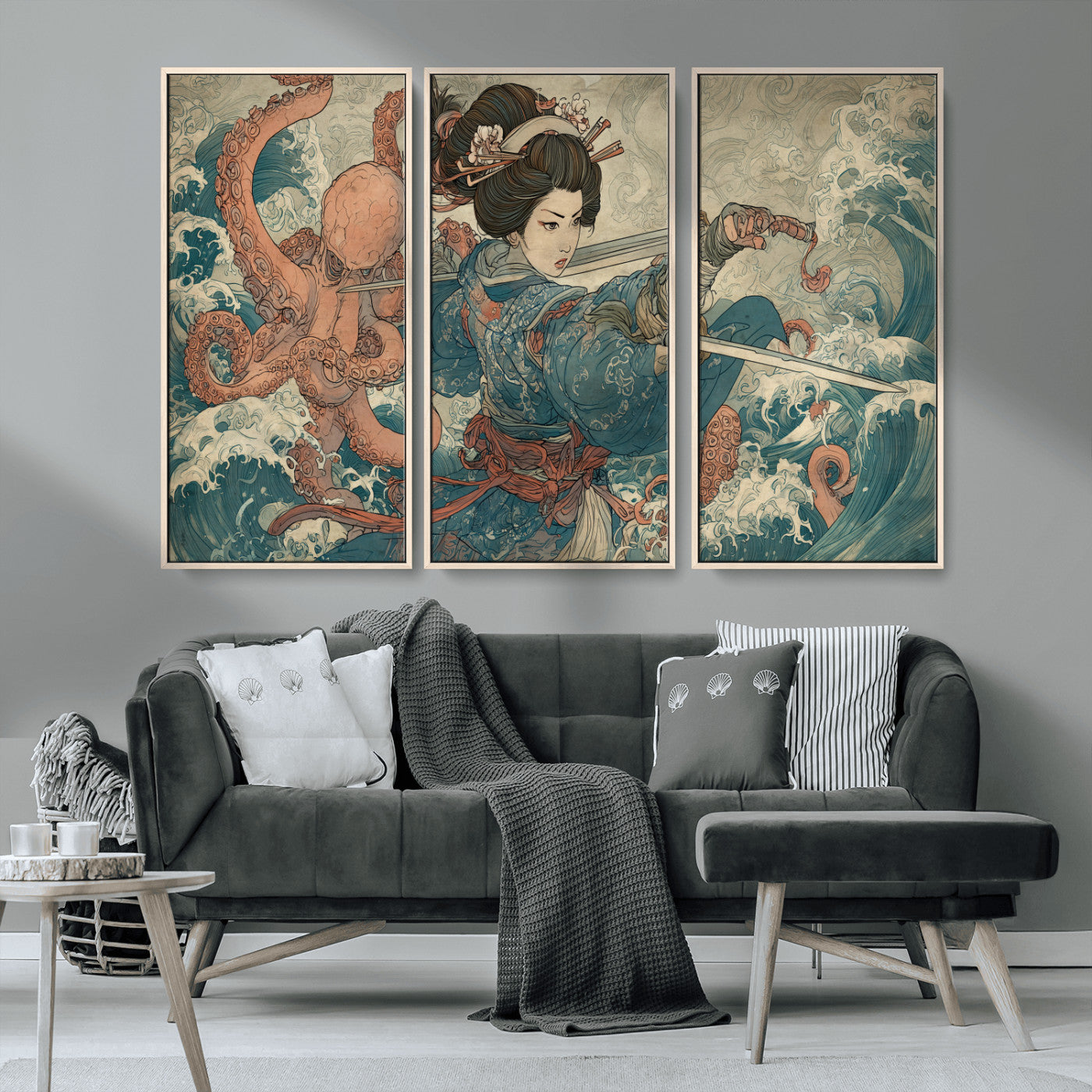 Tsukioka Yoshitoshi Samurai Wall Art Print, Japanese Katana Warrior Canvas Wall Art, Octopus Sea Monster Canvas Print,