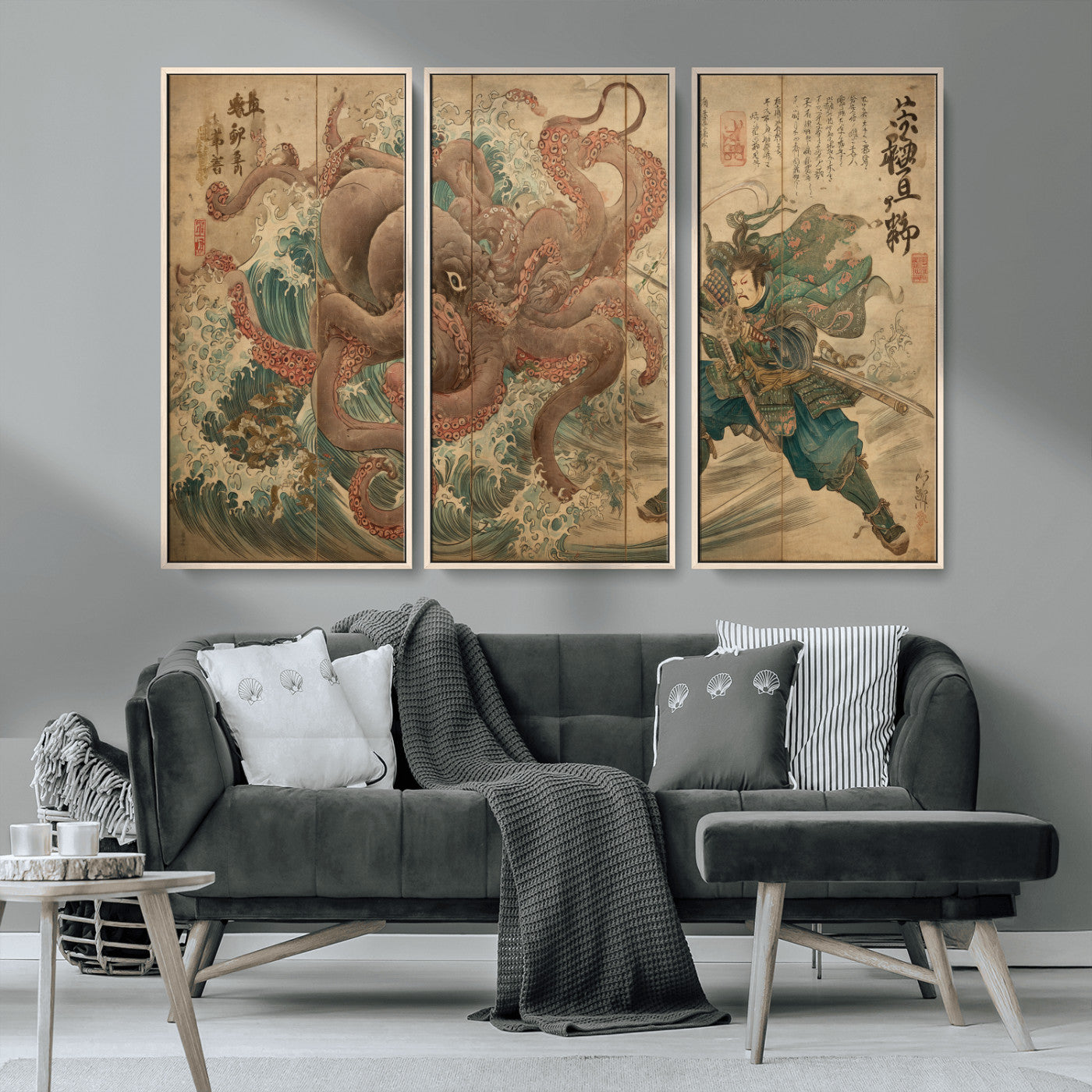 Tsukioka Yoshitoshi Samurai Wall Art Print, Japanese Katana Warrior Canvas Wall Art, Octopus Sea Monster Canvas Print,