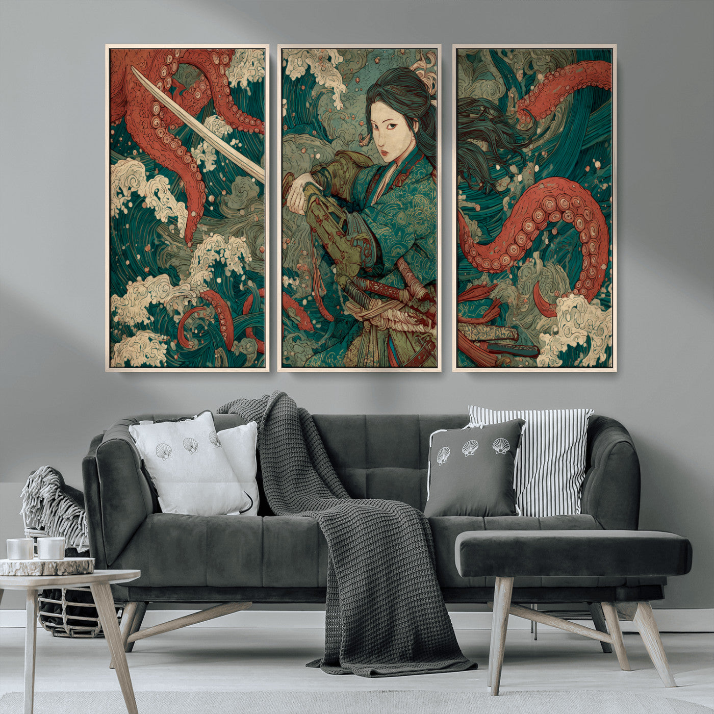 Tsukioka Yoshitoshi Samurai Wall Art Print, Japanese Katana Warrior Canvas Wall Art, Octopus Sea Monster Canvas Print,