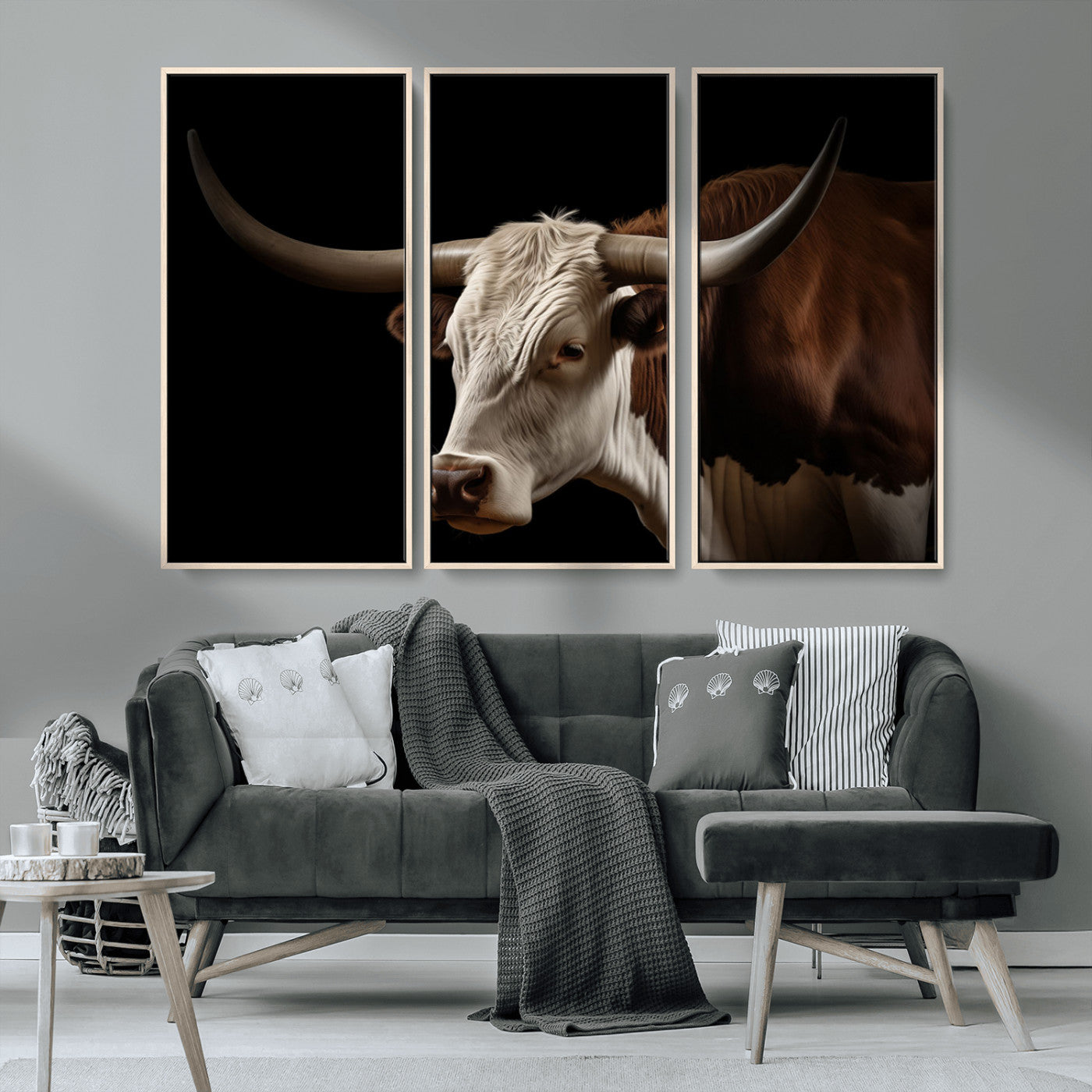 "Close-up of a brown and white longhorn cow with prominent curved horns against a black background."