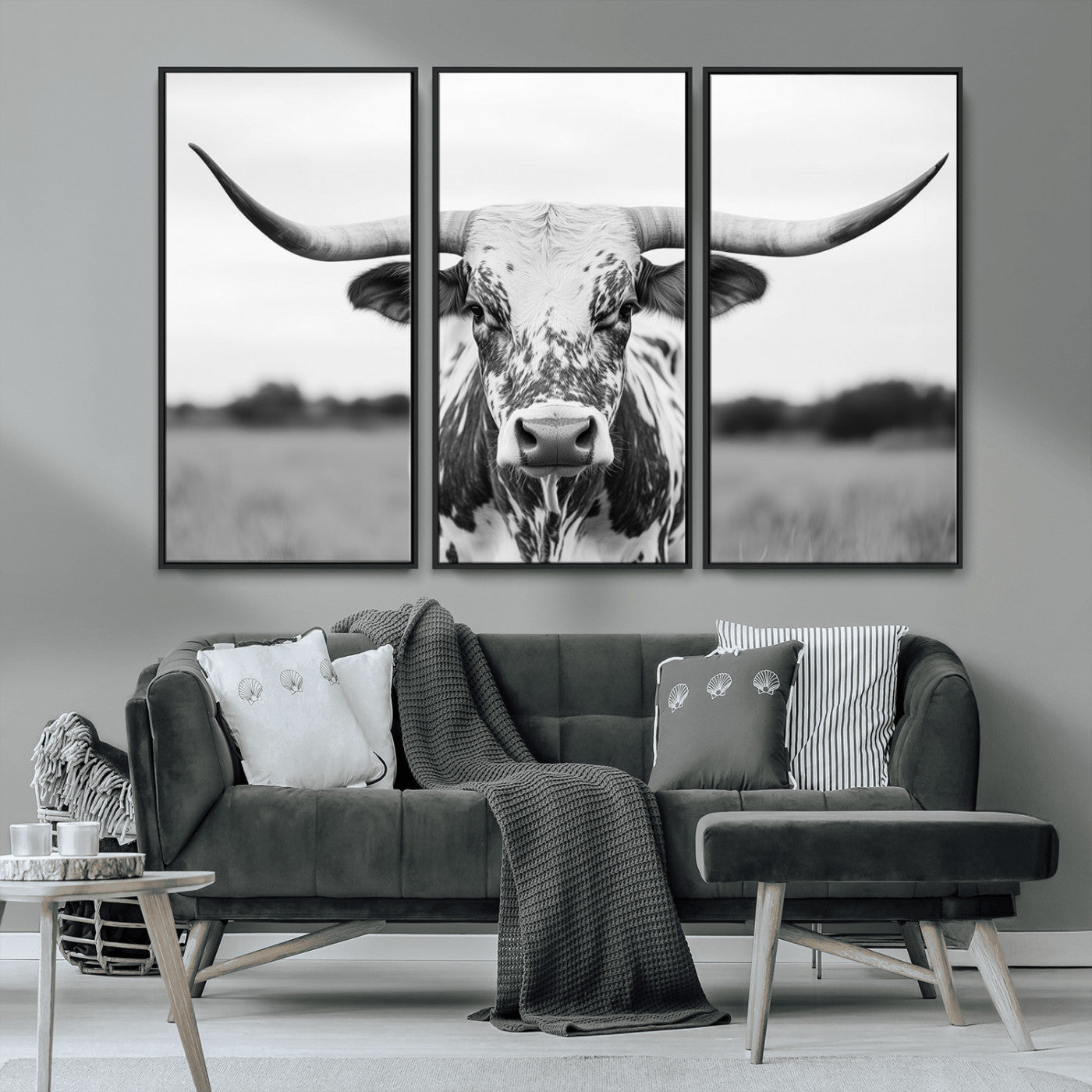 Capture the strength and elegance of nature with this striking black and white portrait of a longhorn cow. Its powerful presence makes a bold statement in any room.