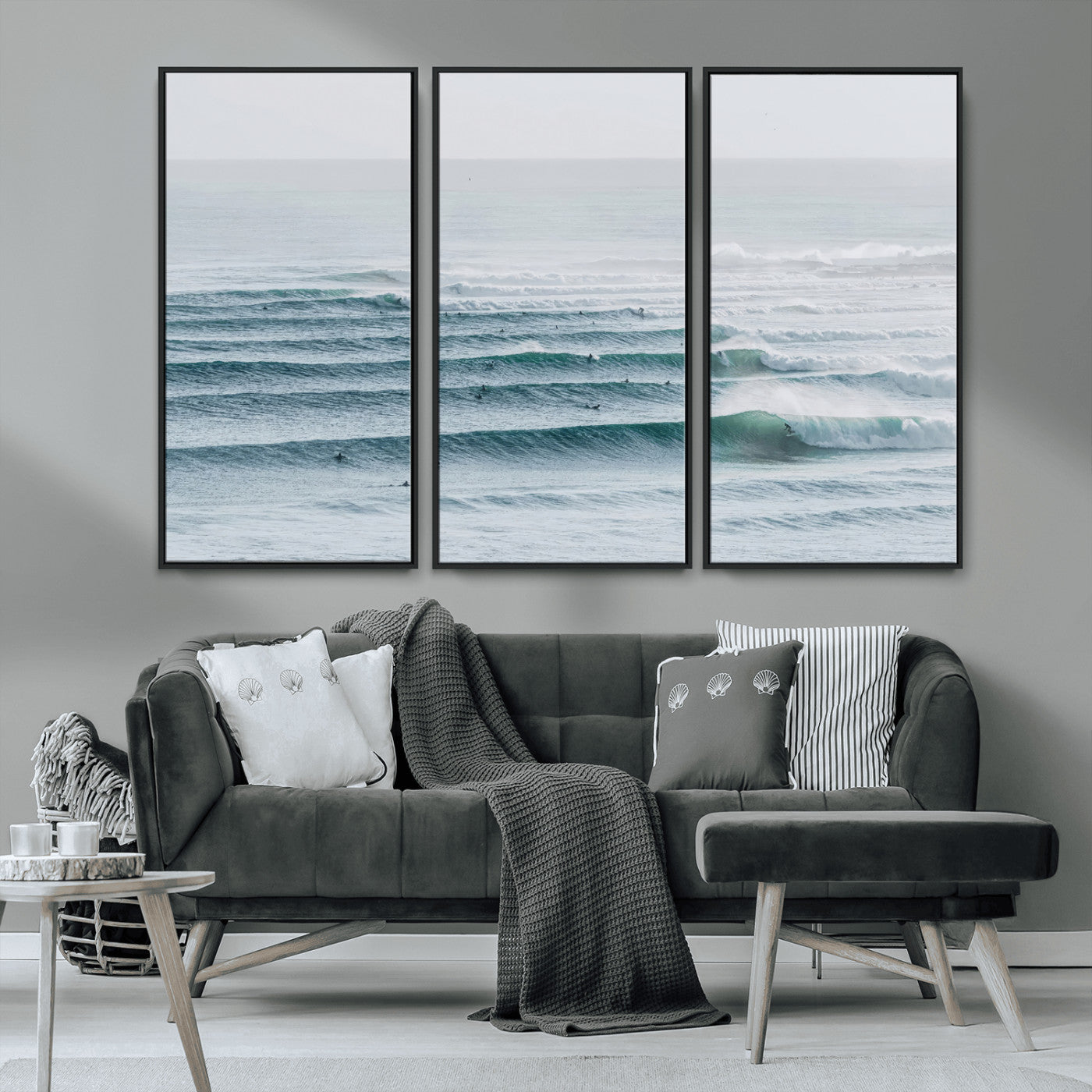 High-angle view of surfers lining up across layered ocean waves, ideal for minimal coastal or surf-inspired room decor.