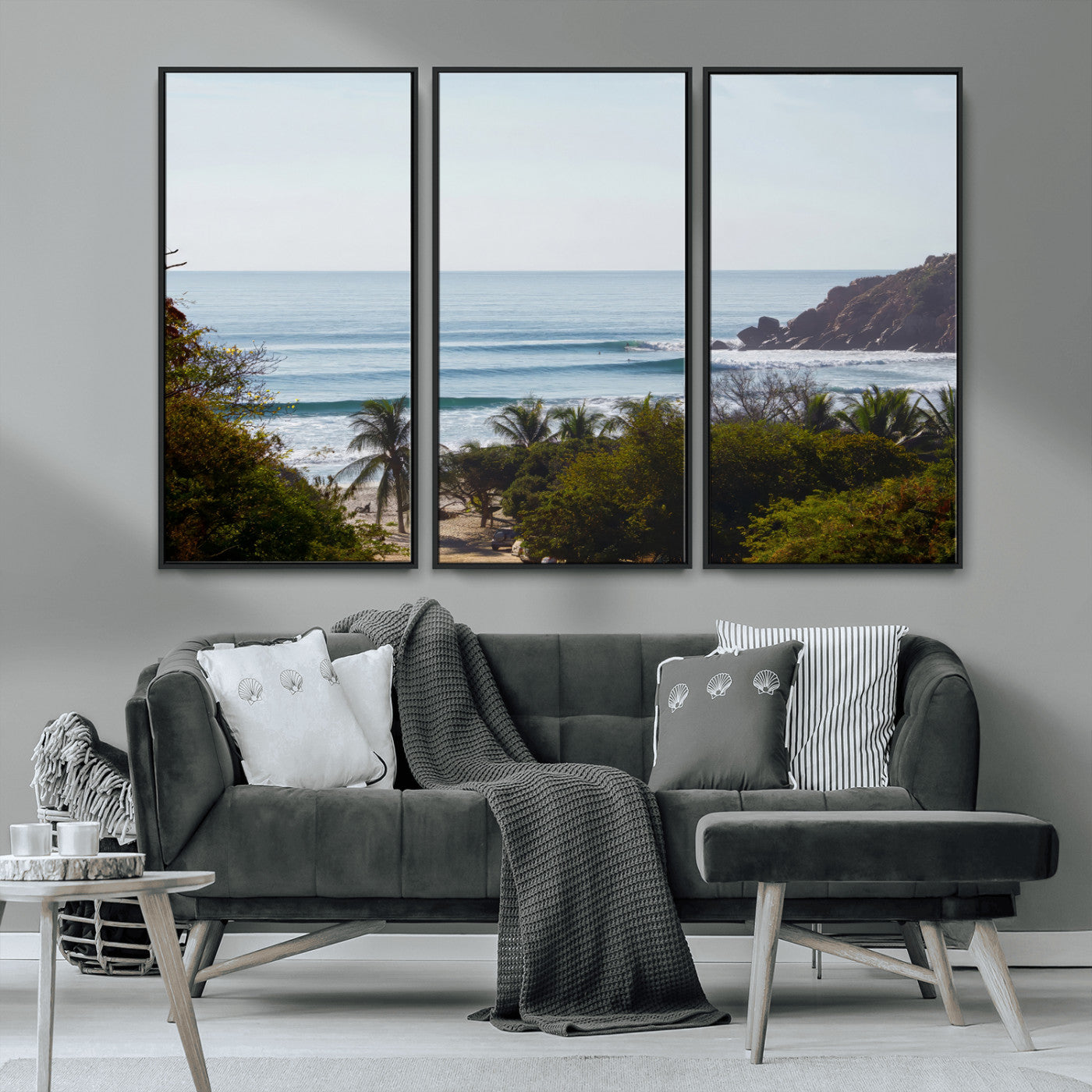 View of calm ocean waves with palm trees and a tropical coastline, ideal for coastal boho or beach-themed wall decor.