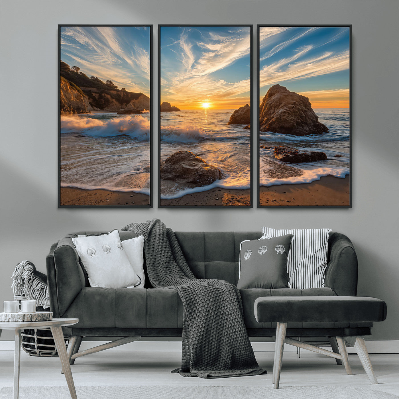 Rocky Ocean Sunset Wall Art Print, Seaside Canvas Wall Art, Dramatic Seascape Canvas Print for Coastal Modern Decor, Ocean Sunset Art Printing