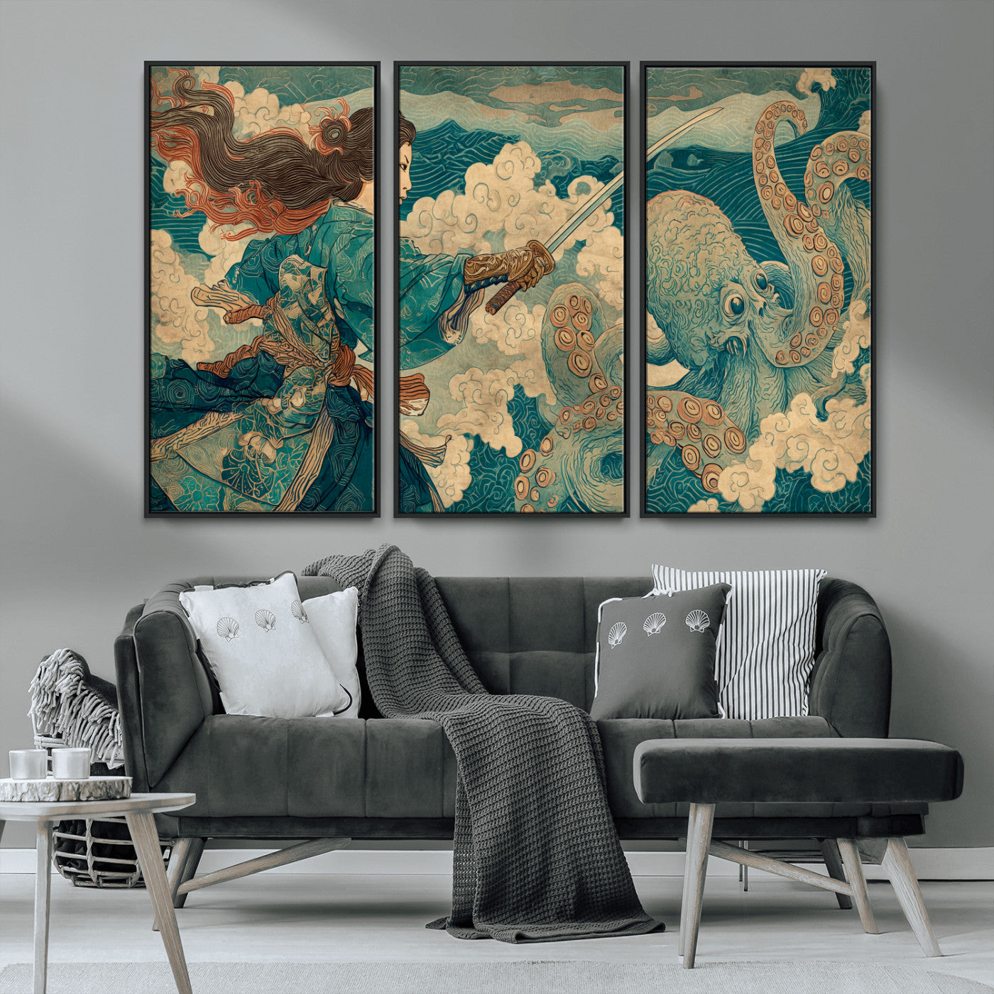 Tsukioka Yoshitoshi Samurai Wall Art Print, Japanese Katana Warrior Canvas Wall Art, Octopus Sea Monster Canvas Print,