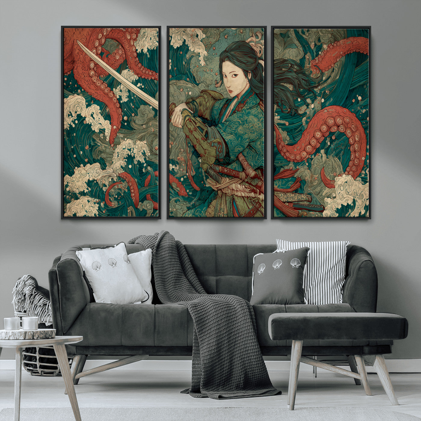Tsukioka Yoshitoshi Samurai Wall Art Print, Japanese Katana Warrior Canvas Wall Art, Octopus Sea Monster Canvas Print,