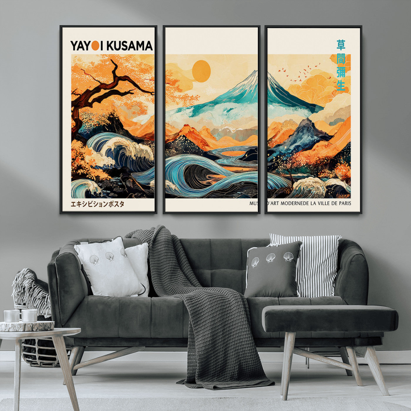 Modern Japanese-style art print featuring a stylized Mount Fuji, flowing waves, and vibrant landscapes in bold colors, inspired by traditional and contemporary aesthetics.