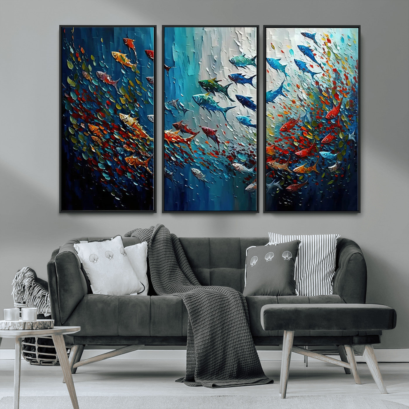 Colorful painting of fish swimming in abstract ocean swirls, perfect for vibrant marine-themed or expressive coastal home decor.