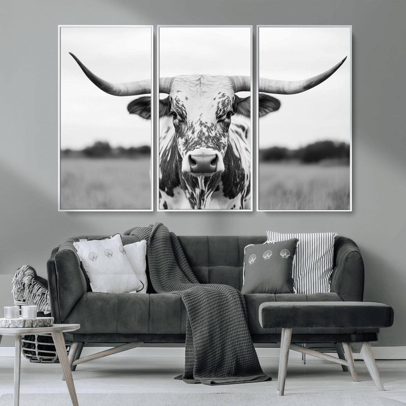 Capture the strength and elegance of nature with this striking black and white portrait of a longhorn cow. Its powerful presence makes a bold statement in any room.