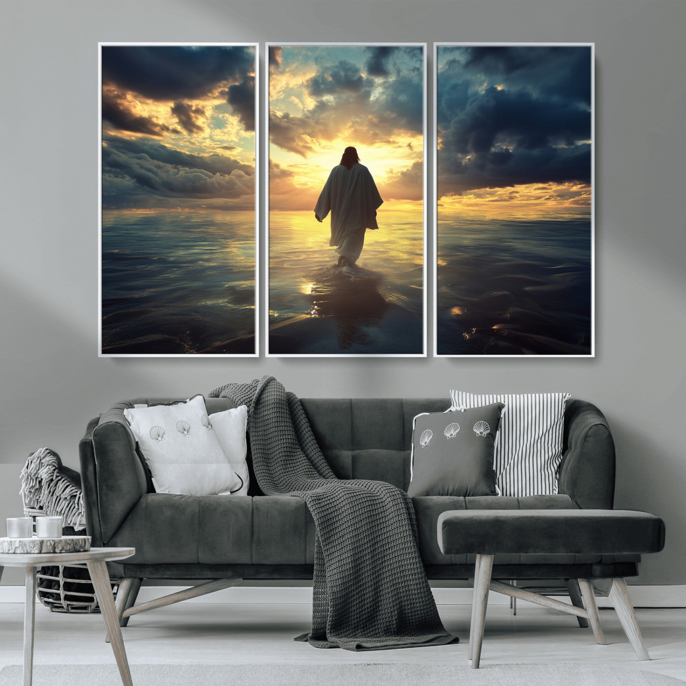 Spiritual artwork of Jesus walking on water at golden hour with divine light, ideal for Christian home decor or prayer room.
