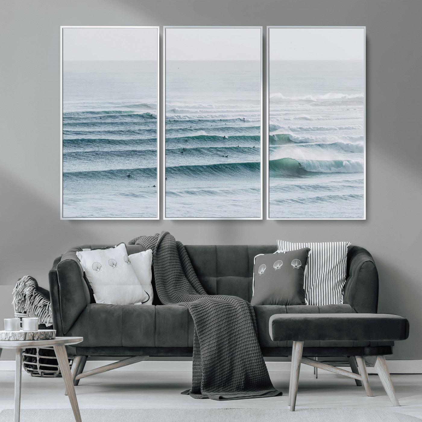 High-angle view of surfers lining up across layered ocean waves, ideal for minimal coastal or surf-inspired room decor.