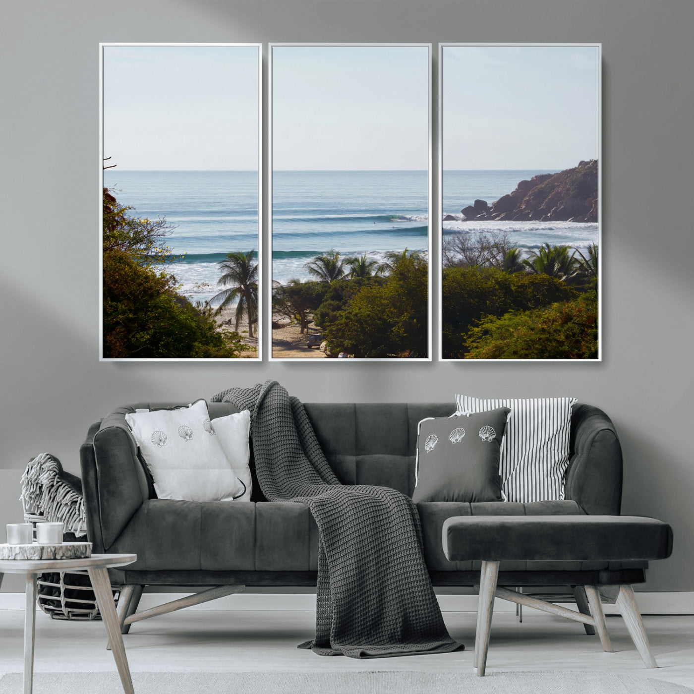 View of calm ocean waves with palm trees and a tropical coastline, ideal for coastal boho or beach-themed wall decor.
