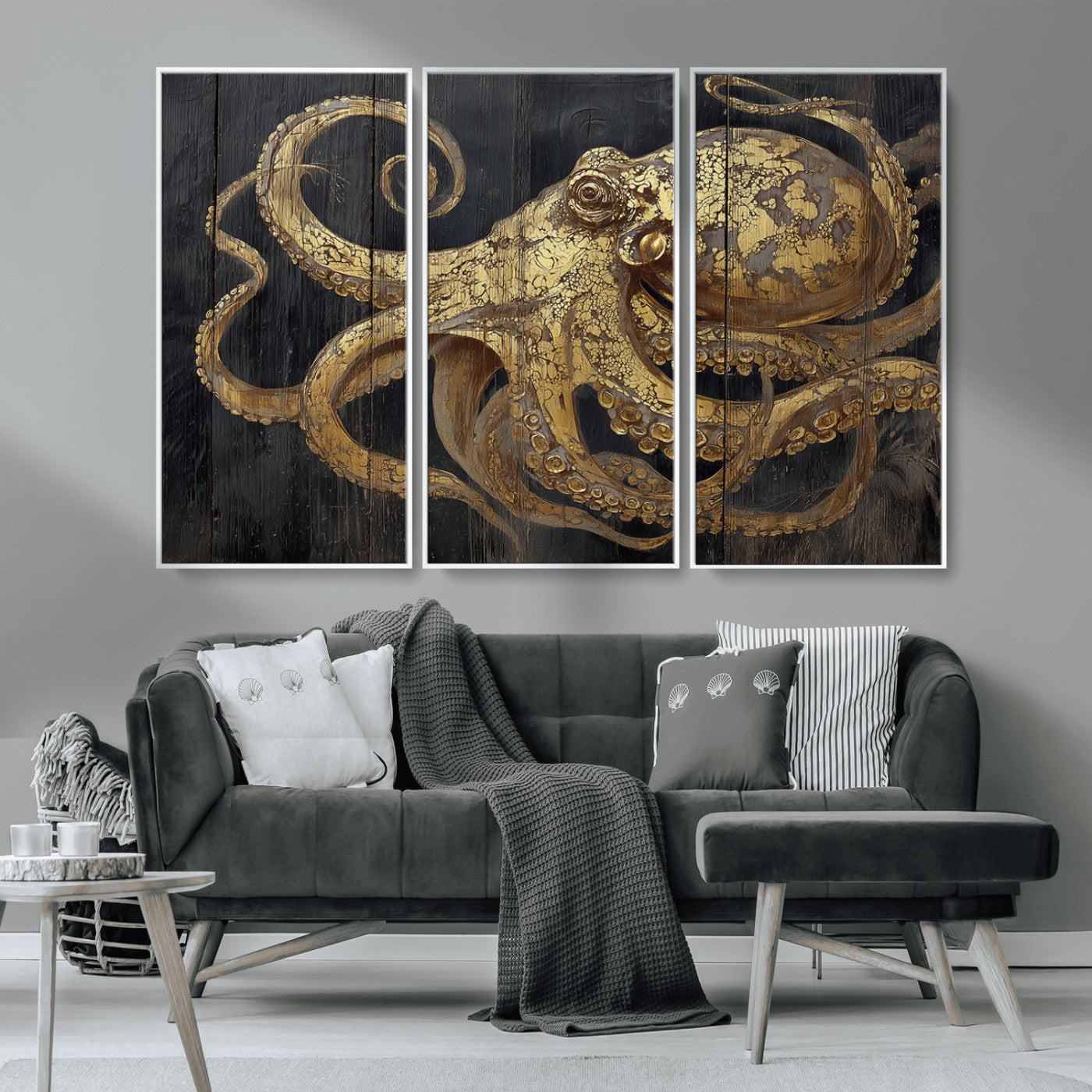 A detailed gold illustration of an octopus on black wooden planks, showing its intricate tentacles and textured skin in an artistic style.