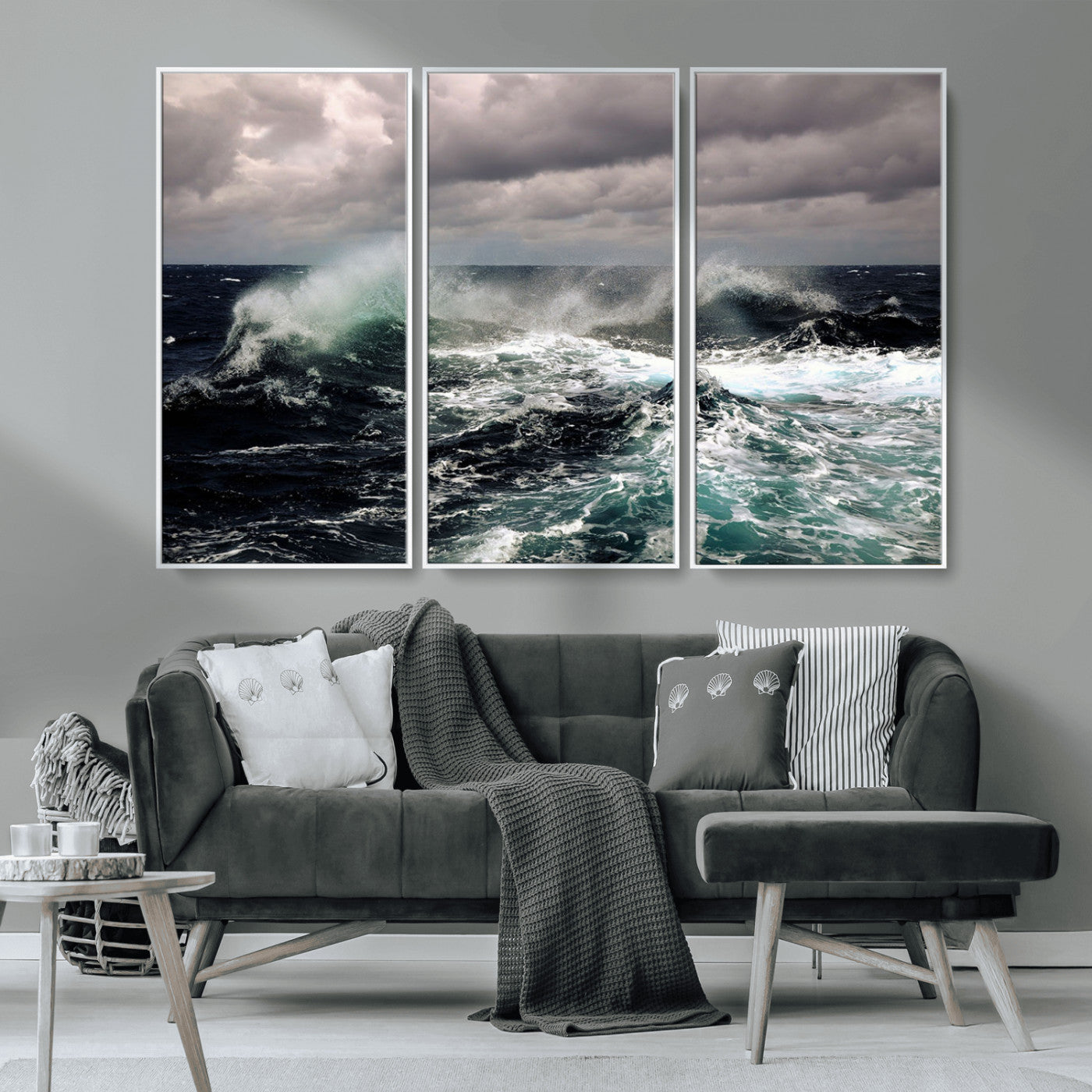 Powerful ocean waves crashing under stormy skies, creating a dynamic and intense seascape.