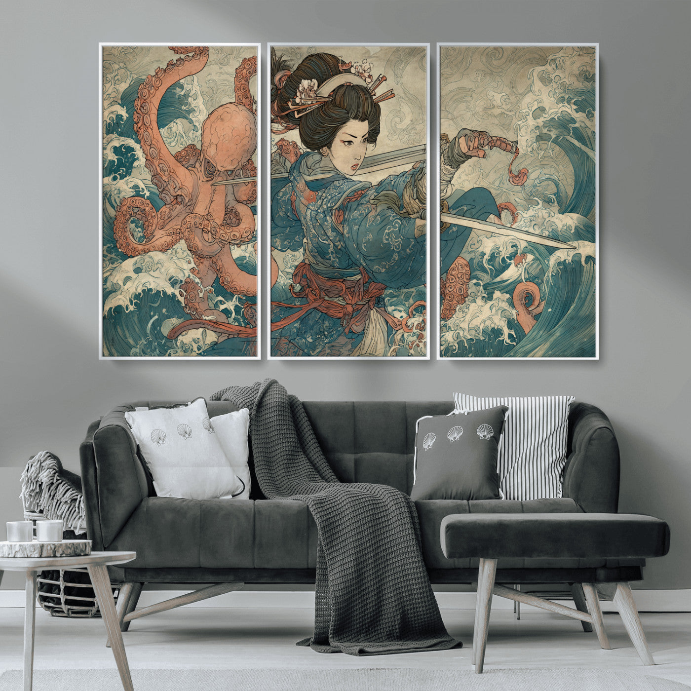 Tsukioka Yoshitoshi Samurai Wall Art Print, Japanese Katana Warrior Canvas Wall Art, Octopus Sea Monster Canvas Print,