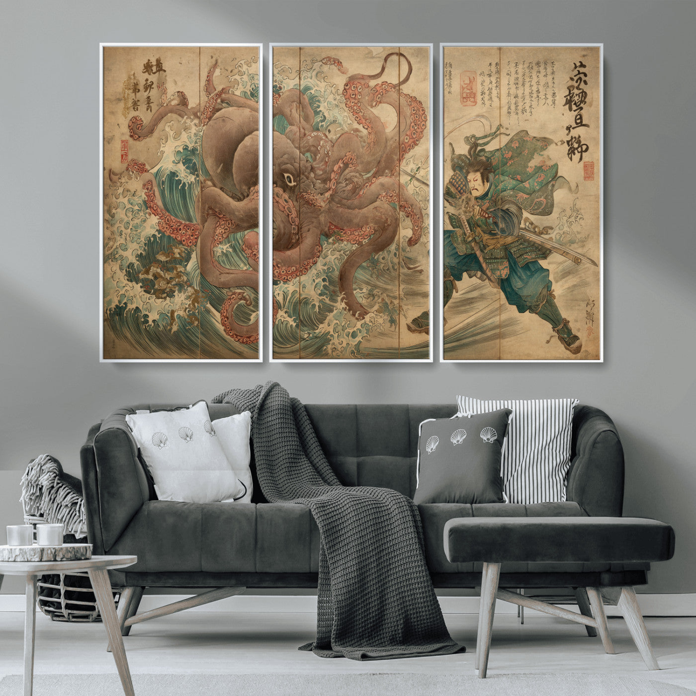 Tsukioka Yoshitoshi Samurai Wall Art Print, Japanese Katana Warrior Canvas Wall Art, Octopus Sea Monster Canvas Print,