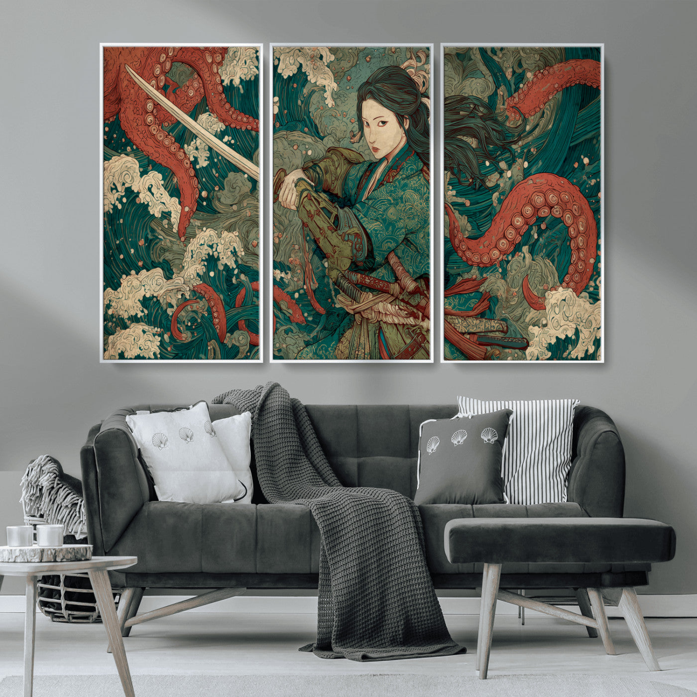Tsukioka Yoshitoshi Samurai Wall Art Print, Japanese Katana Warrior Canvas Wall Art, Octopus Sea Monster Canvas Print,
