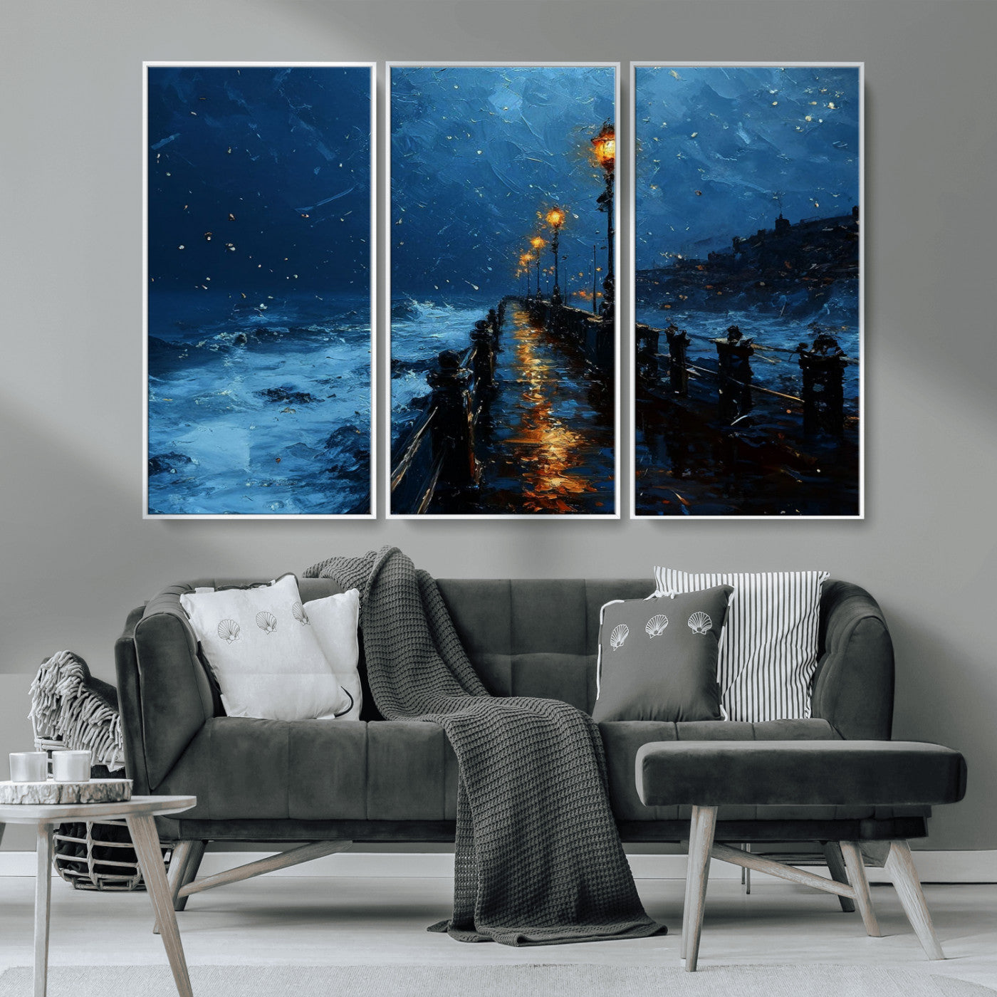 "Impressionistic painting of a rainy pier at night with glowing street lamps reflecting on the wet surface, ocean waves crashing under a dark blue sky."