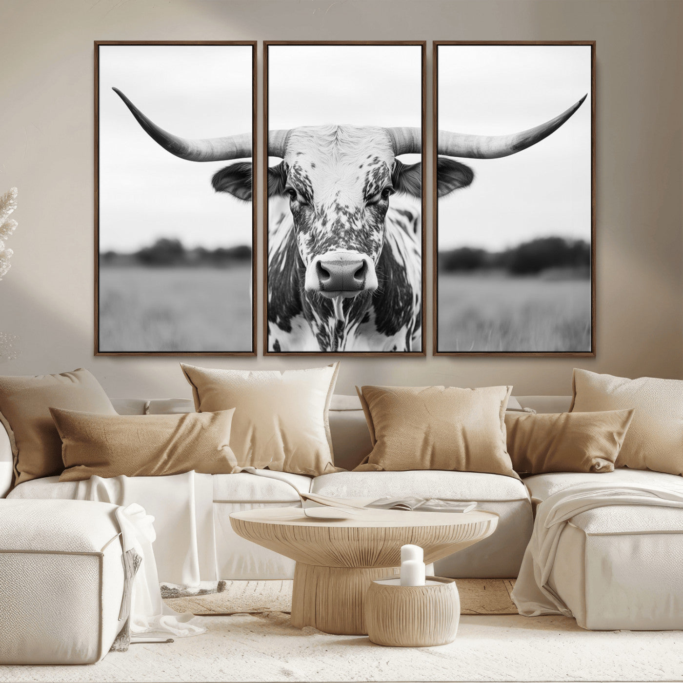 Capture the strength and elegance of nature with this striking black and white portrait of a longhorn cow. Its powerful presence makes a bold statement in any room.