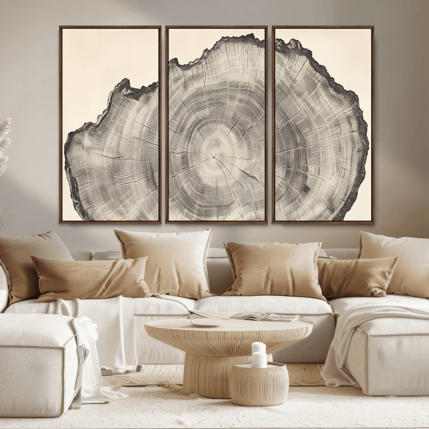 Detailed tree ring drawing in monochrome tones, ideal for rustic or nature-inspired interiors with a minimal decor aesthetic.