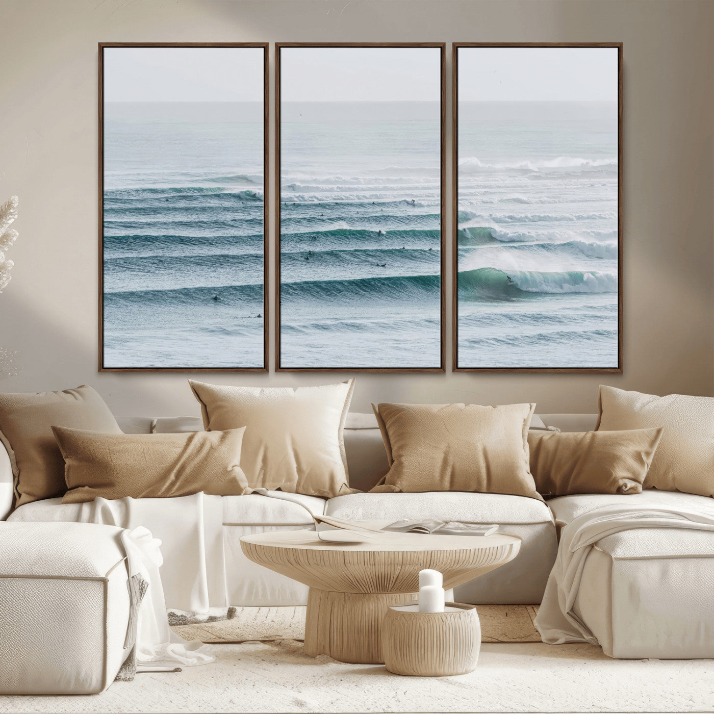 High-angle view of surfers lining up across layered ocean waves, ideal for minimal coastal or surf-inspired room decor.