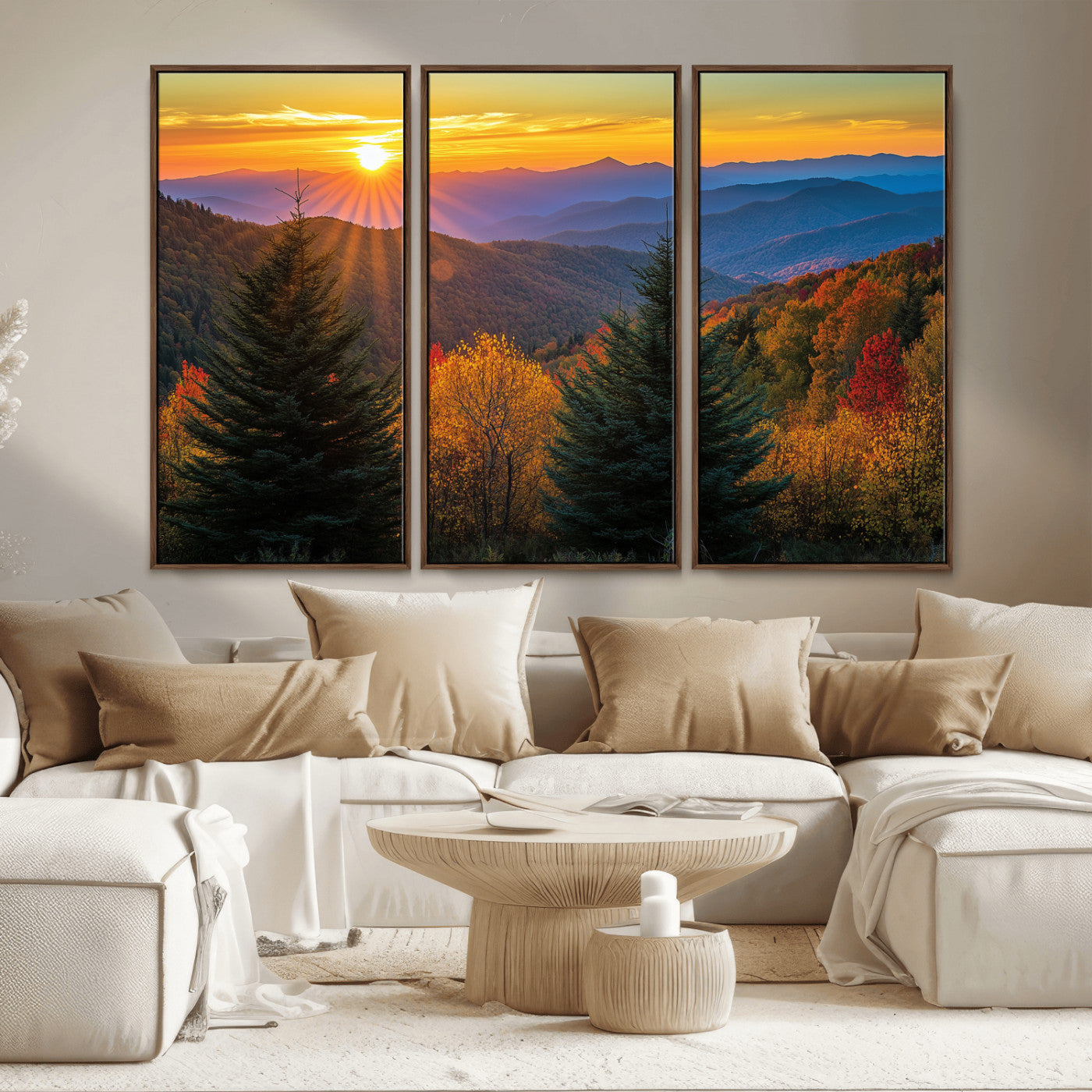Vibrant sunset over autumn mountains with colorful trees and warm light, ideal for nature lovers or cabin-style wall decor.