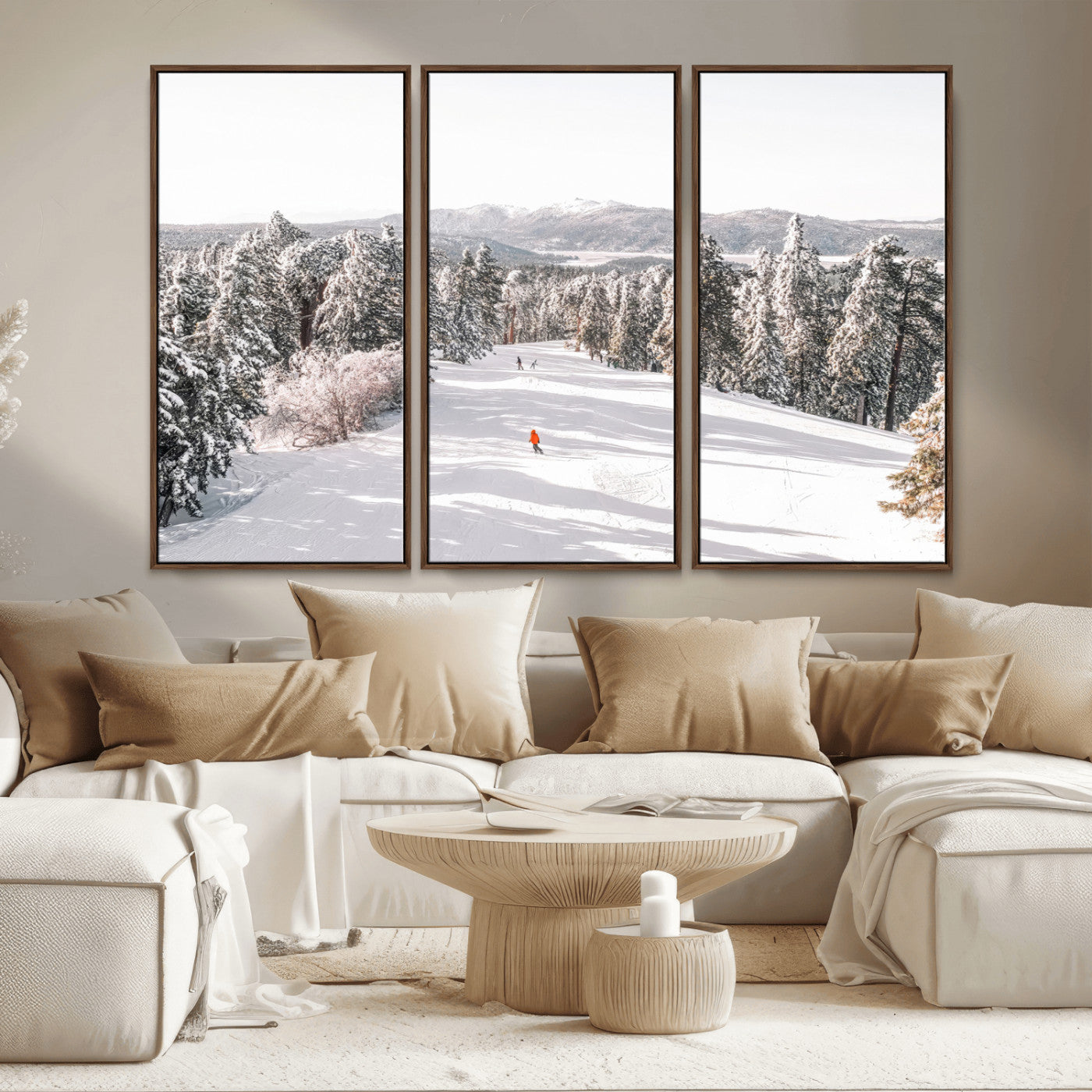 Bright ski trail lined with snow-covered pines and a skier in orange, perfect for alpine adventure or winter sports-inspired decor.