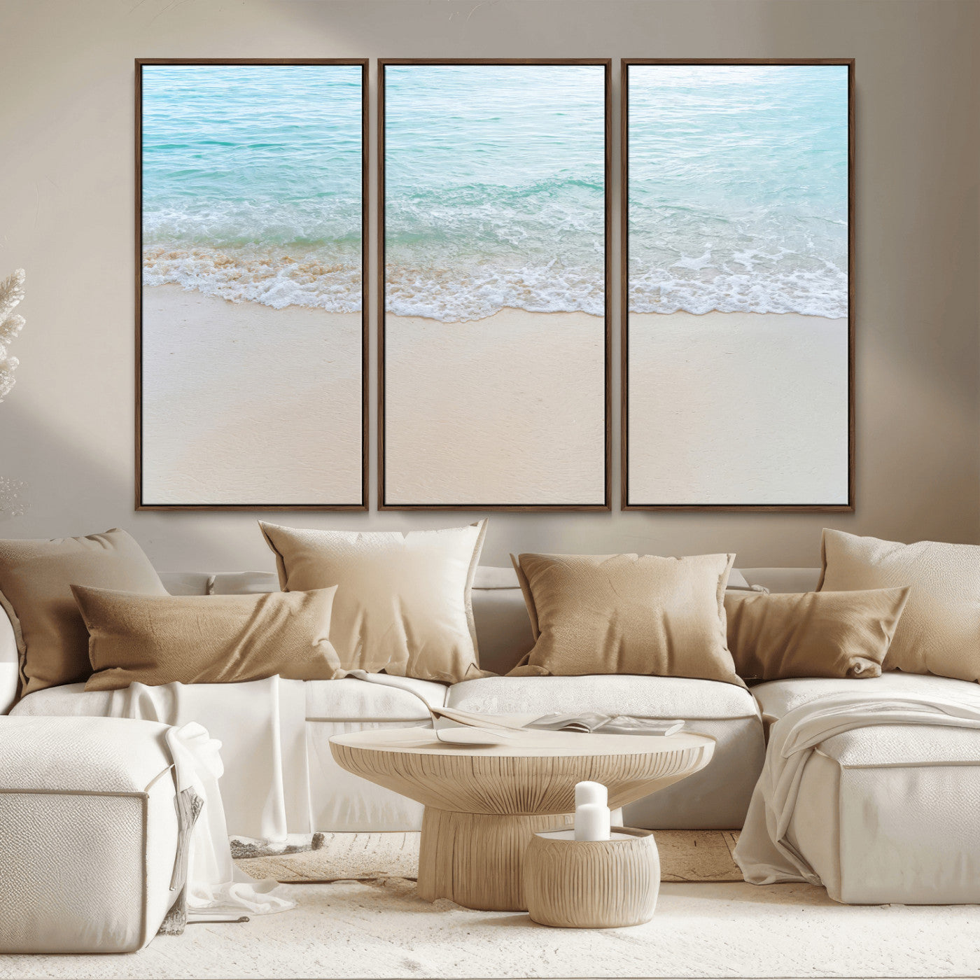 Soft shoreline with gentle aqua waves on smooth sand, ideal for minimalist coastal or pastel ocean-inspired home wall decor.