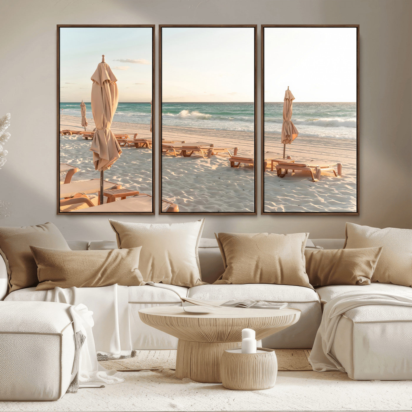 Minimalist photo of empty beach loungers and umbrellas on soft sand, ideal for calm seaside or pastel coastal-style home decor.