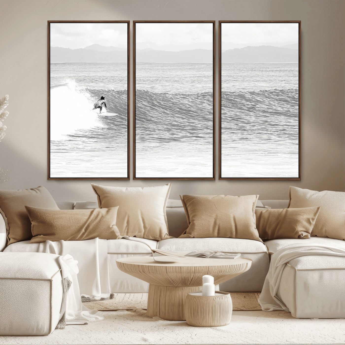 Monochrome photo of a surfer riding a wave with distant mountains, ideal for coastal motion or black and white surf-themed wall decor.