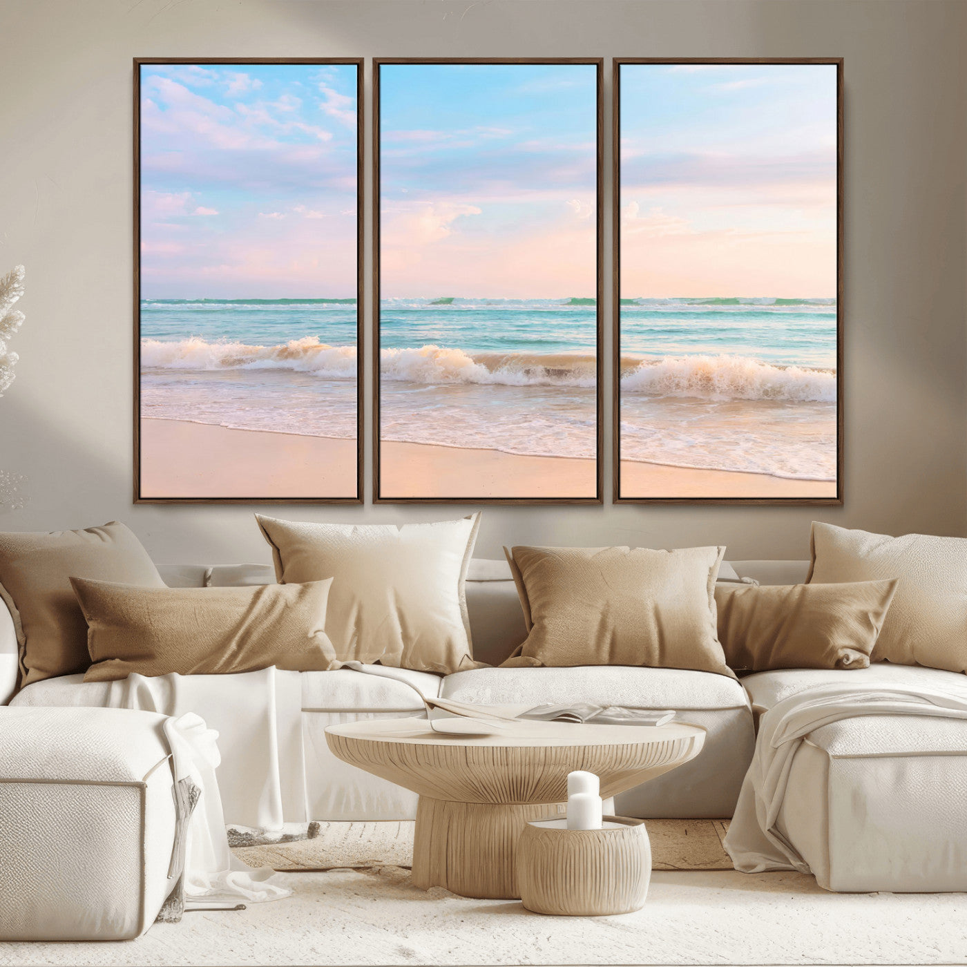A peaceful beach scene with soft pastel skies, gentle waves washing up on the sandy shore, creating a calm and serene ocean view.