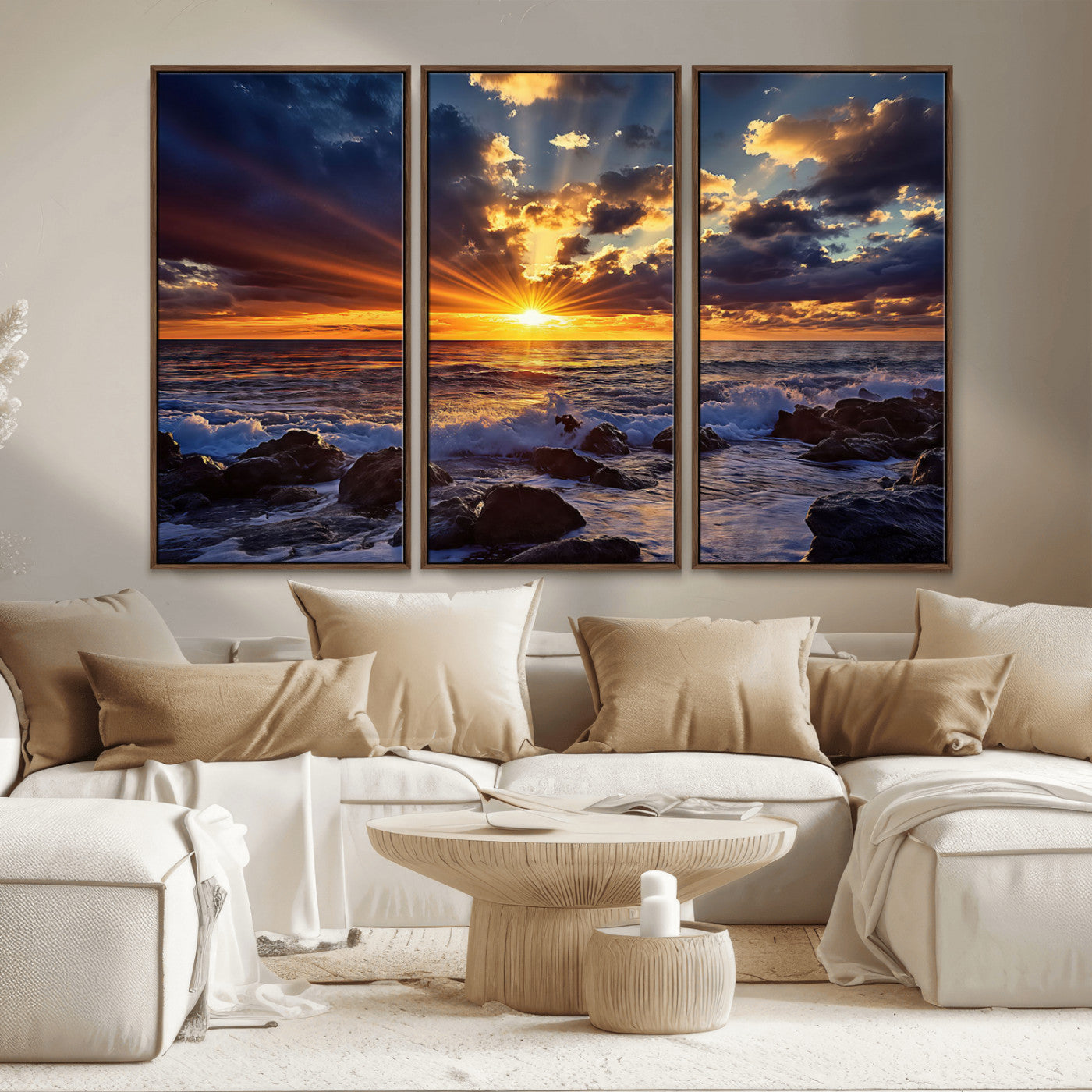 An explosive sunset over the ocean with dramatic clouds and rays of sunlight reflecting off the water, creating a vibrant and captivating view.