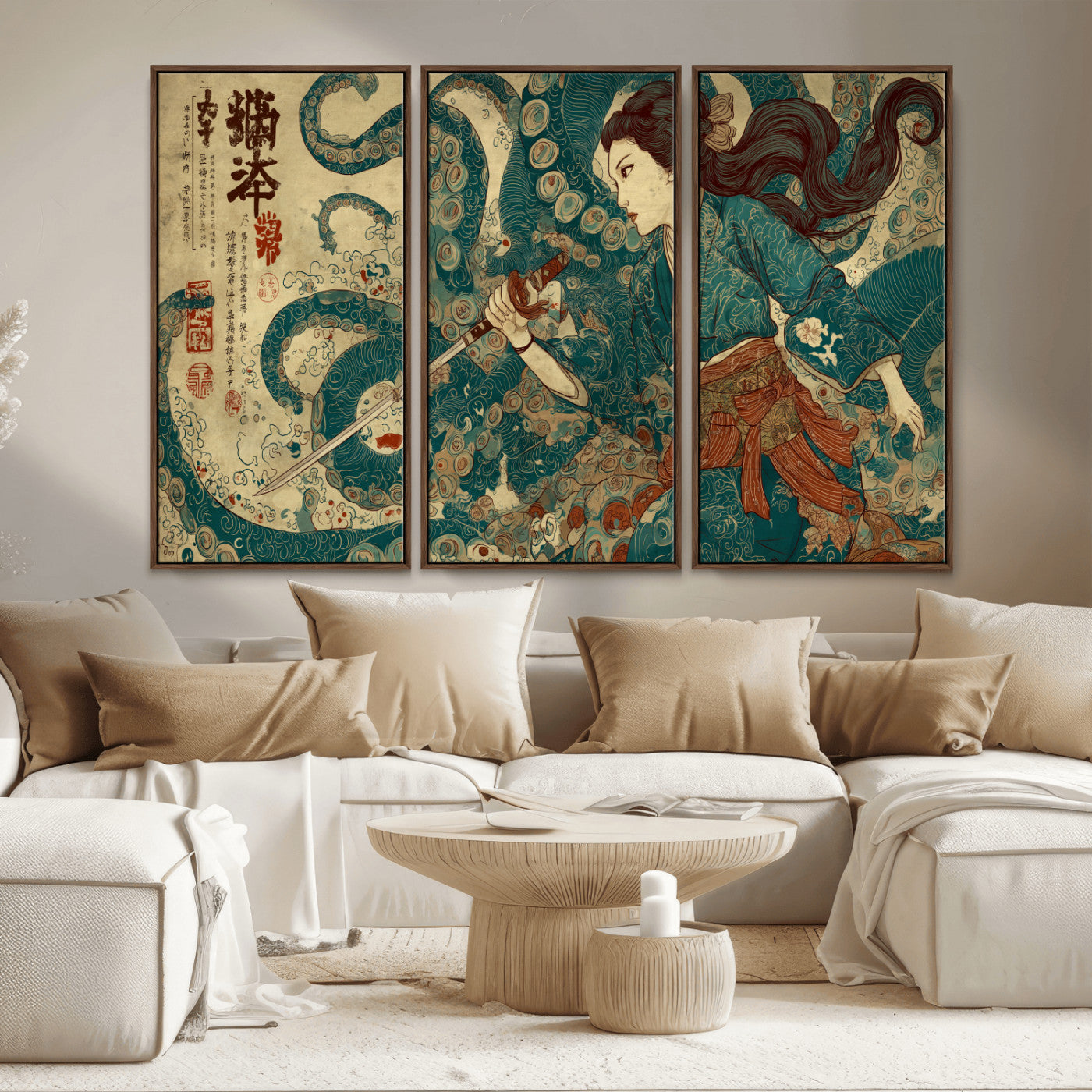 Tsukioka Yoshitoshi Samurai Wall Art Print, Japanese Katana Warrior Canvas Wall Art, Octopus Sea Monster Canvas Print,