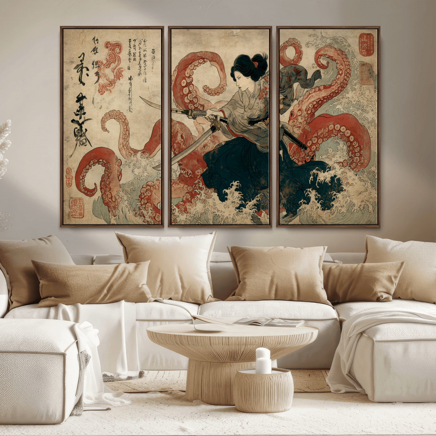 Tsukioka Yoshitoshi Samurai Wall Art Print, Japanese Katana Warrior Canvas Wall Art, Octopus Sea Monster Canvas Print,