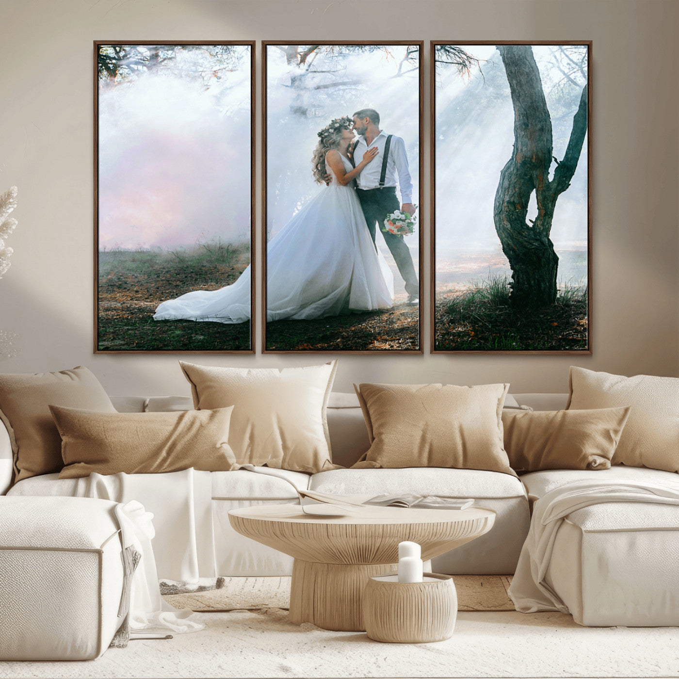 MGV-FC-48X32-3P - Forest Wedding Wall Art – Romantic Bride and Groom Canvas Print, Enchanted Woodland Photography Decor for Bedroom, Living Room, or Wedding Gift