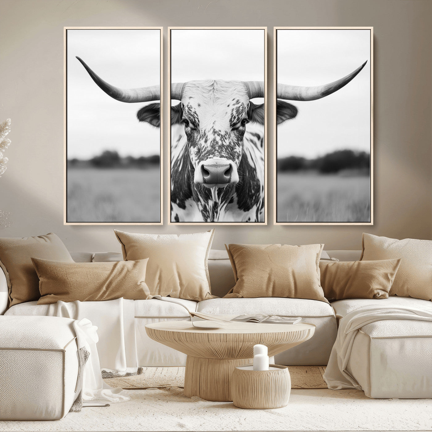 Capture the strength and elegance of nature with this striking black and white portrait of a longhorn cow. Its powerful presence makes a bold statement in any room.