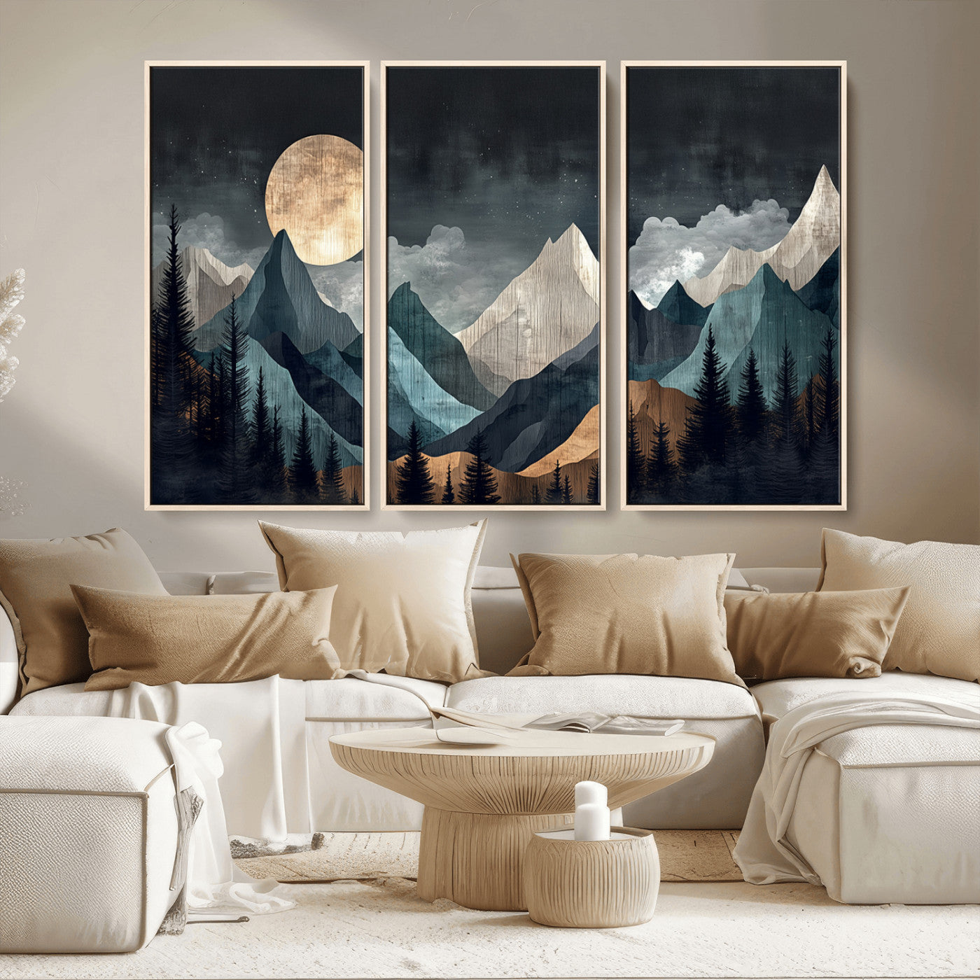 Stylized canvas of layered mountains under a full moon in neutral moody tones, ideal for nature-inspired or modern rustic interiors.