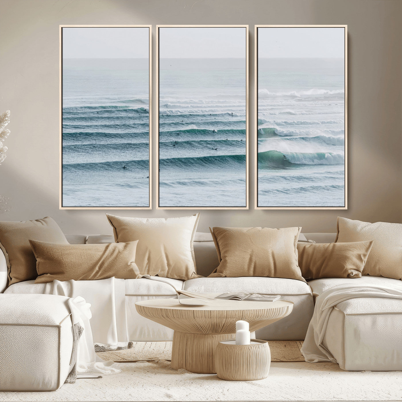 High-angle view of surfers lining up across layered ocean waves, ideal for minimal coastal or surf-inspired room decor.
