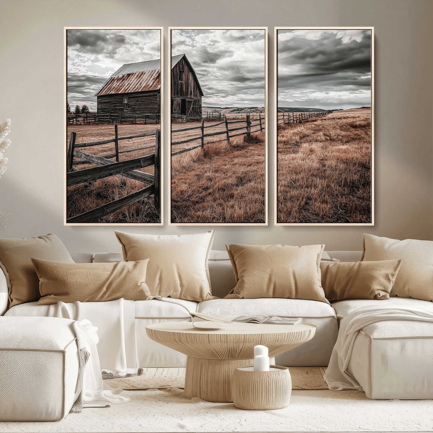 Framed canvas of a rustic barn under a moody sky with weathered fence and dark fields, ideal for farmhouse or rural-style wall decor.